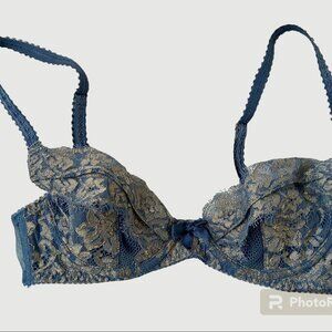 L'Agent by Agent Provocateur Blue & Gold Lace Bra and Thong Panty Lingerie Set